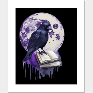 Raven reading books, full moon, witch, Halloween, crow, raven, corvid, books, magic, witchcraft, Wicca Posters and Art